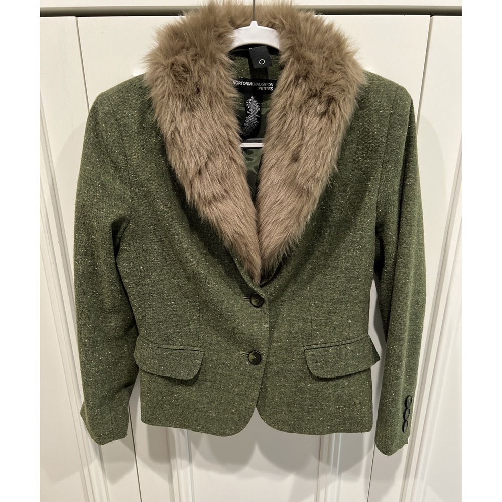 Vintage Olive Green Speckled Tweed Blazer Faux Fur Removable Collar Y2K Mob Wife